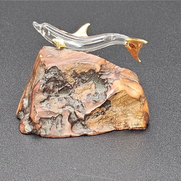 Raw Natural Wood Clear Glass Dolphin Figurine GoldTone Tip Finish 1.5" VTG Décor - Picture 1 of 16